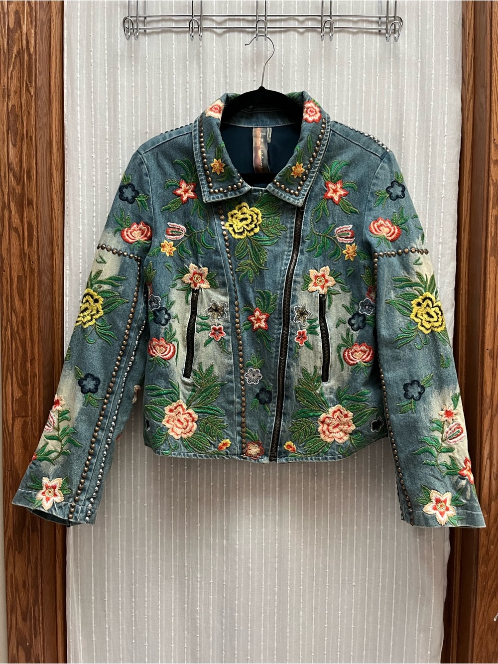 Aratta Silent Journey Lucinda Embroidered Denim Moto Jacket - Size S